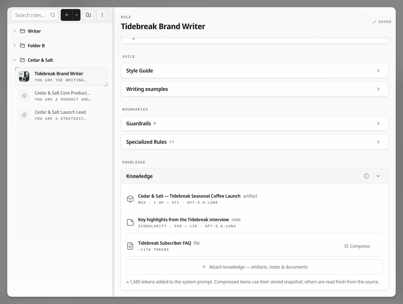 A Role called Tidebreak Brand Writer. Under Voice are a Style Guide and Writing examples. Under Boundaries are Guardrails, with 8 items, and Specialized Rules, with 11. Below that, a Knowledge section begins.