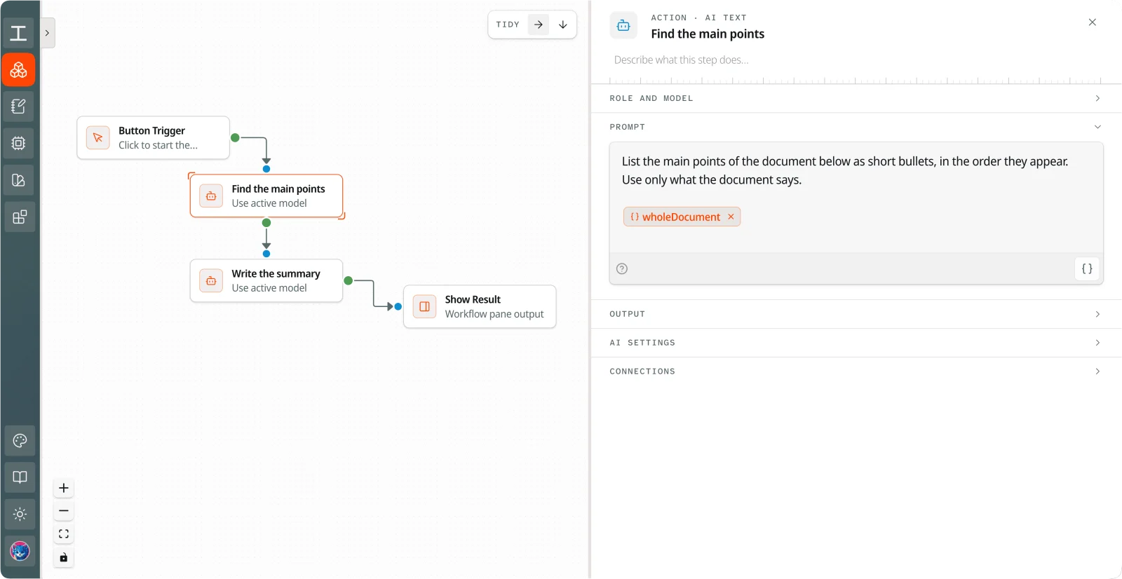 The Workflow editor. On a canvas, a Button Trigger leads to Find the main points, then Write the summary, then Show Result. The Find the main points step is open on the right, and its prompt uses the wholeDocument variable.