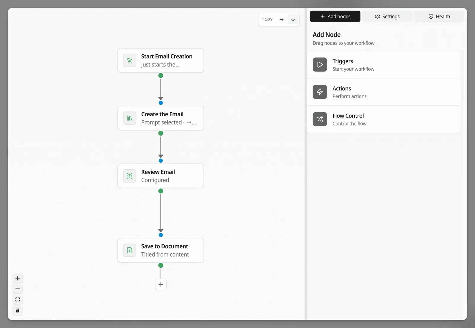 The Workflow editor. Four steps run top to bottom: Start Email Creation, Create the Email, which runs a saved prompt, Review Email, and Save to Document. On the right, the Add Node panel lists Triggers, Actions, and Flow Control.